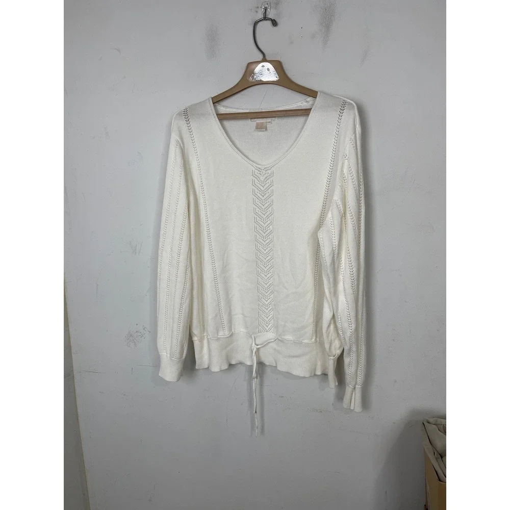 Maurada‎ Womens White V-Neck Pointelle Knit Drawstring Waist Sweater Size 3X